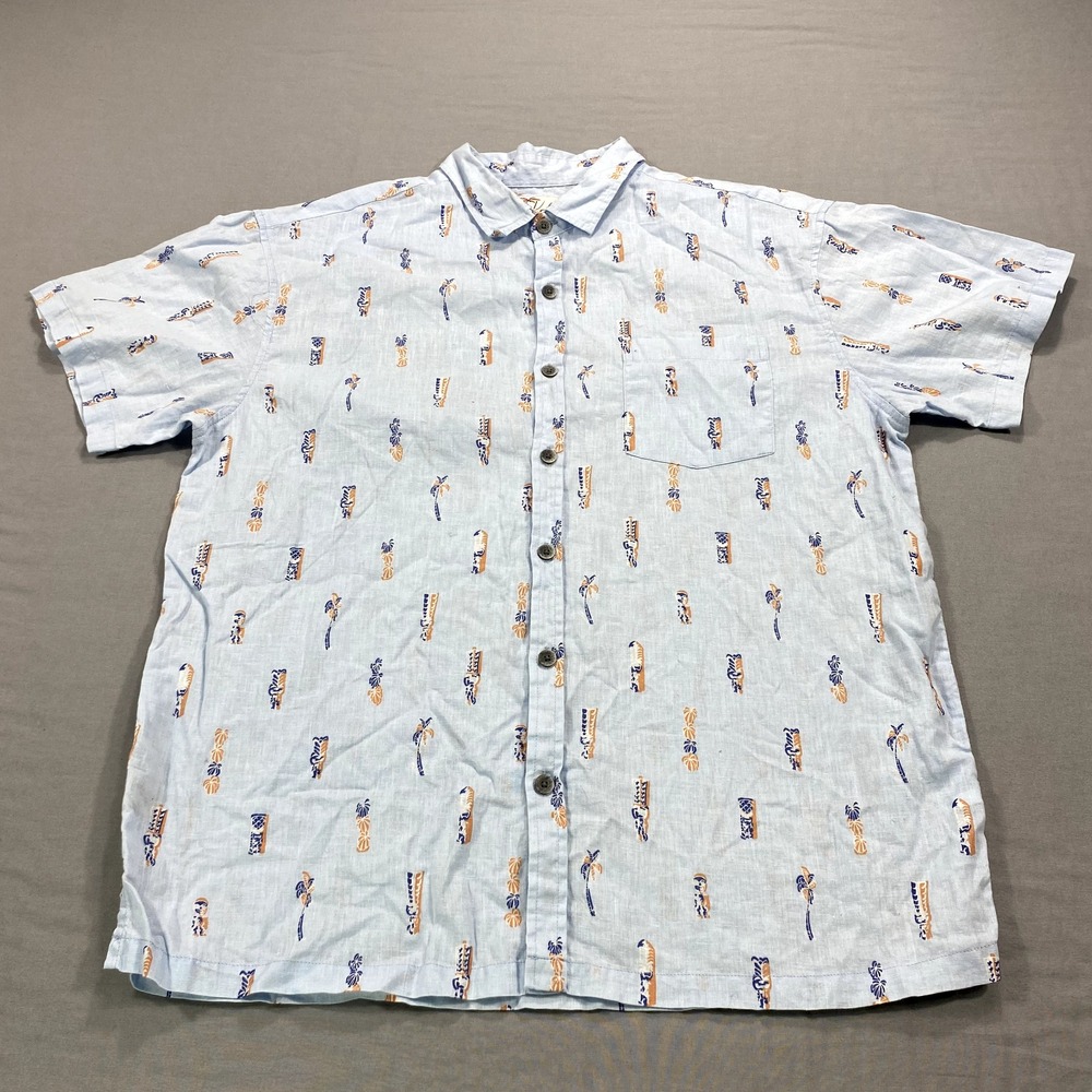 Kahala Shirt Adult Large Blue Floral‎ Hawaiian Linen Button Up Casual Camp Mens